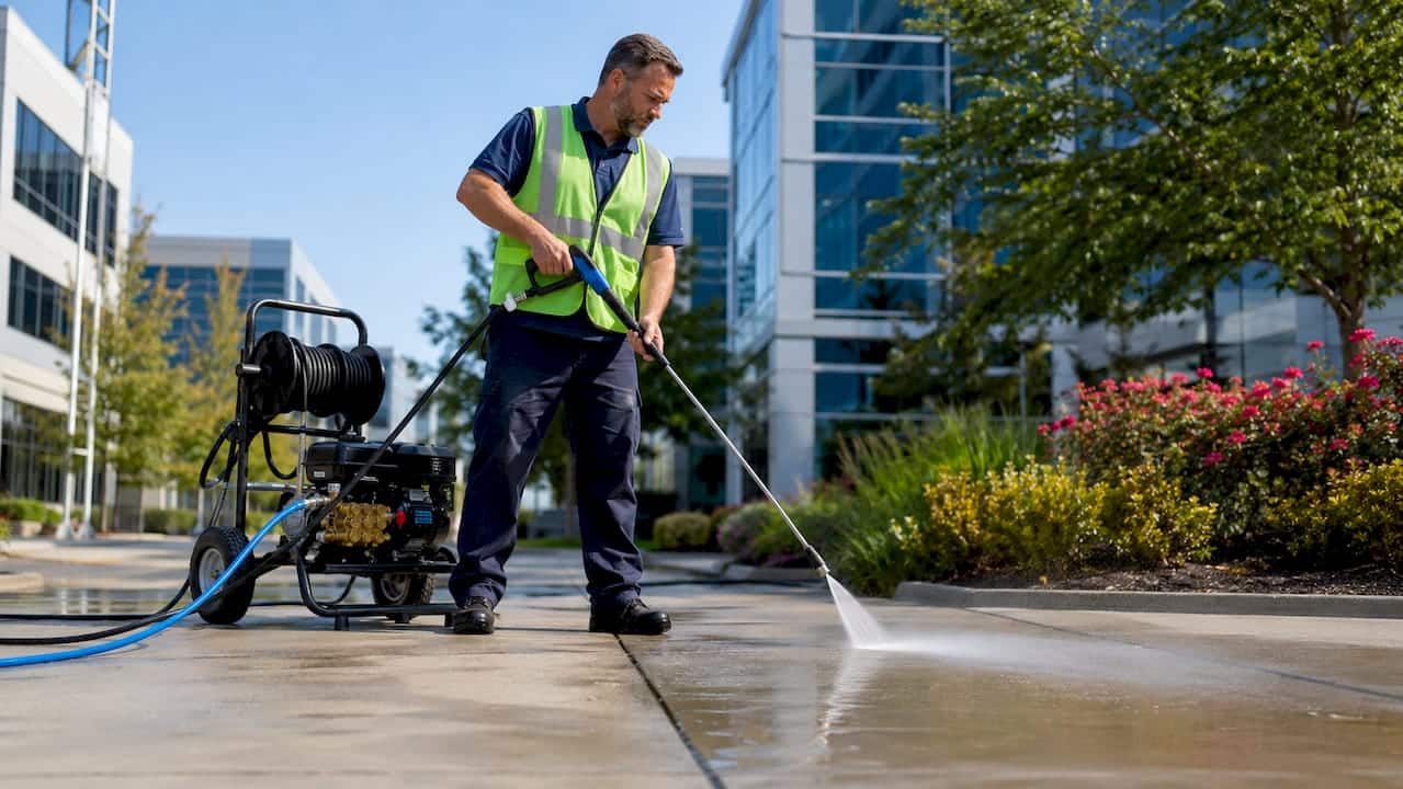 Technician pressure washing a commercial sidewalk outside an office building in Charleston WV
